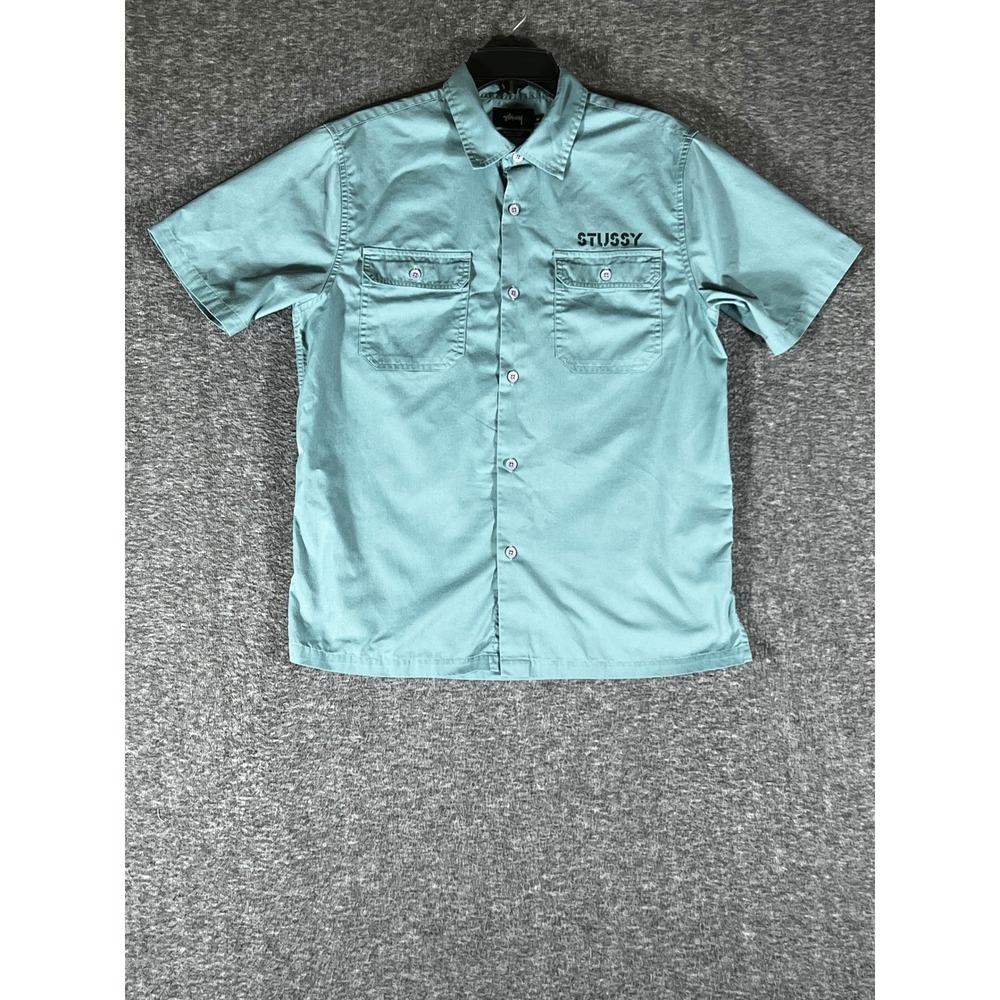 Stussy Burly Threads Men M Teal Green Short Sleeve Button Up Work Shirt Graphic